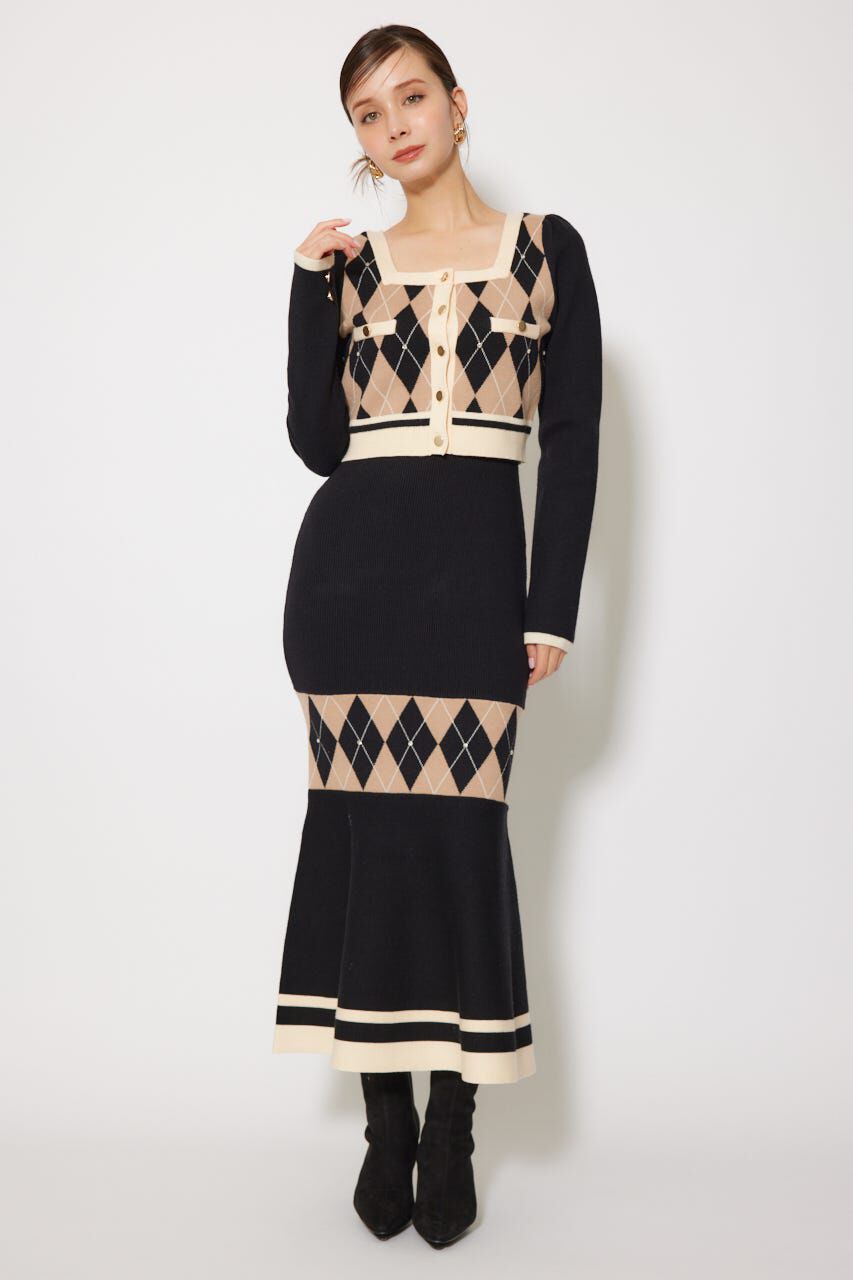 rienda「アーガイルバイカラーカーディガンセットニットワンピース」|ワンピース|BLK