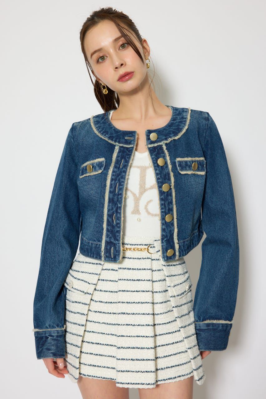 rienda「ノーカラーフリンジデニムジャケット」|デニムジャケット|BLU