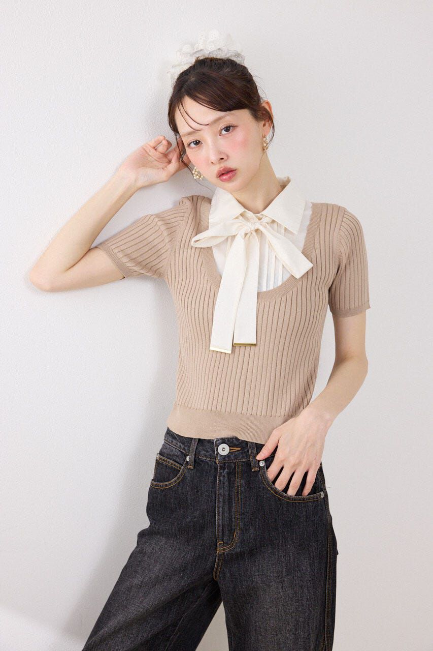 rienda「シャツドッキングハーフスリーブニットトップス」|ニット・セーター|L/BEG1