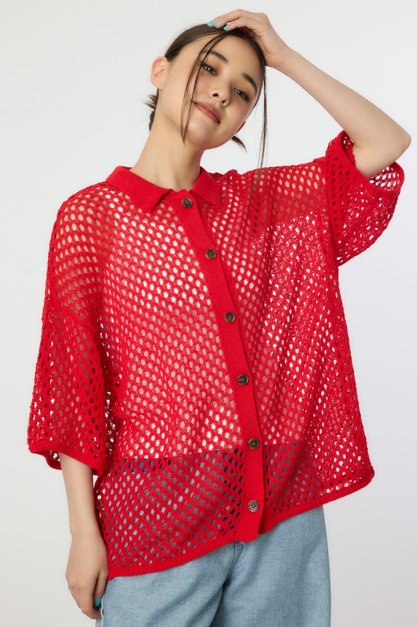 RODEO CROWNS「襟付きメッシュニットカーディガン」|ニット・セーター|RED