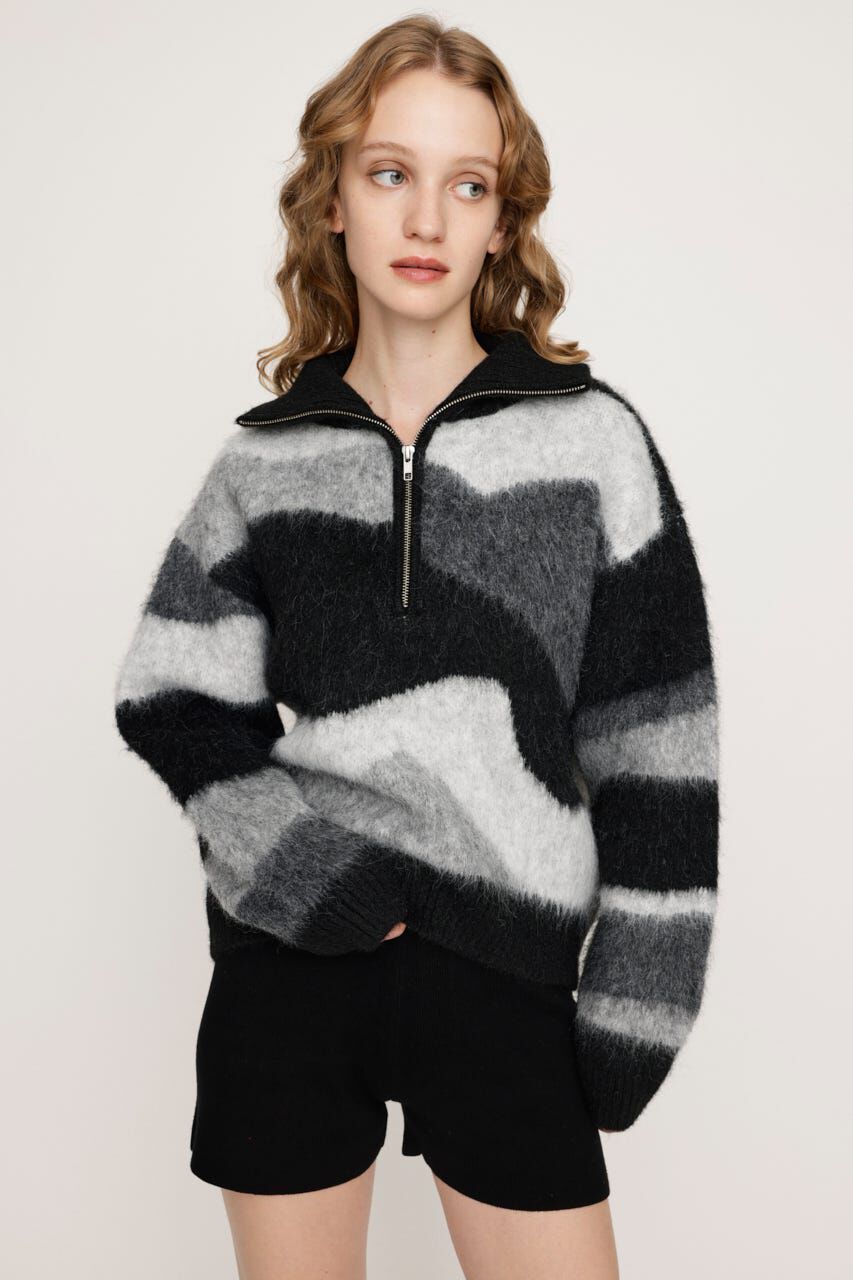 SLY「FRONT ZIP MARBLE KNIT トップス」|ニット・セーター|BLK