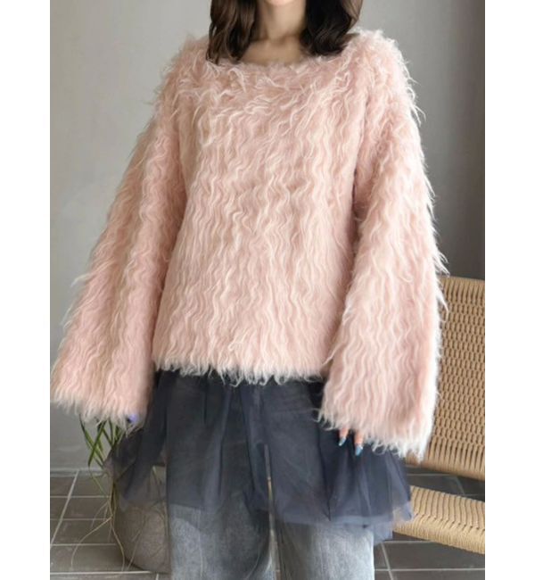 MERCURYDUO「【OUNNOUN】ロングシャギー2WAYオーバーサイズニット」|ニット・セーター|ベビーピンク