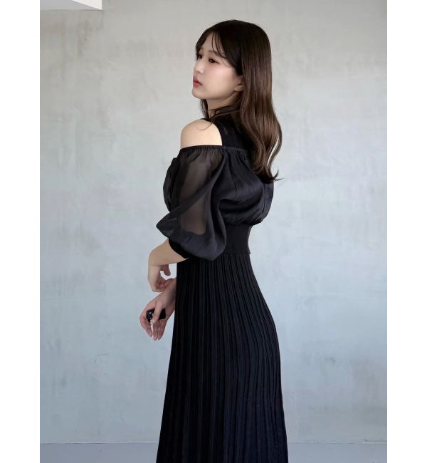 MERCURYDUO「異素材ドッキングプリーツフレアニットワンピース」|ワンピース|