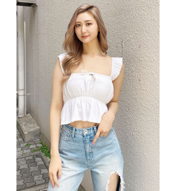 GYDA「リボンフレアリブトップス」|Tシャツ・カットソー|オフホワイト