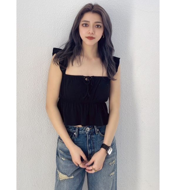 GYDA「リボンフレアリブトップス」|Tシャツ・カットソー|ブラック