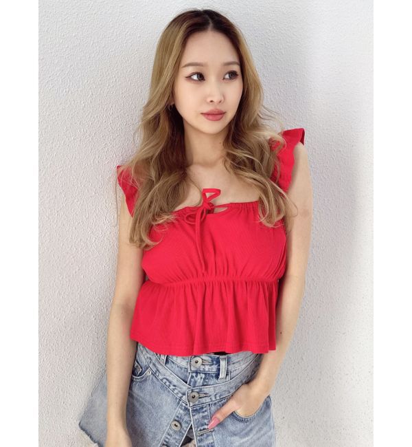 GYDA「リボンフレアリブトップス」|Tシャツ・カットソー|レッド