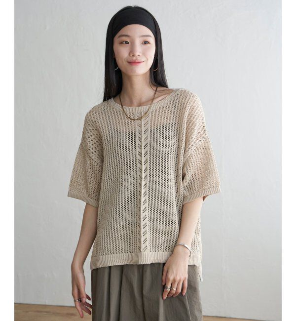 Lbc with Life「透かし柄ラインメッシュニット」|カーディガン|