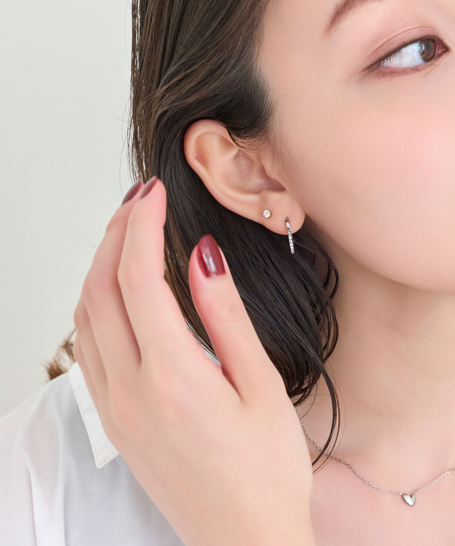 Phoebe「【金属アレルギー対応】ワンタッチライナーハートビジューフープピアス　シルバー」|ピアス|