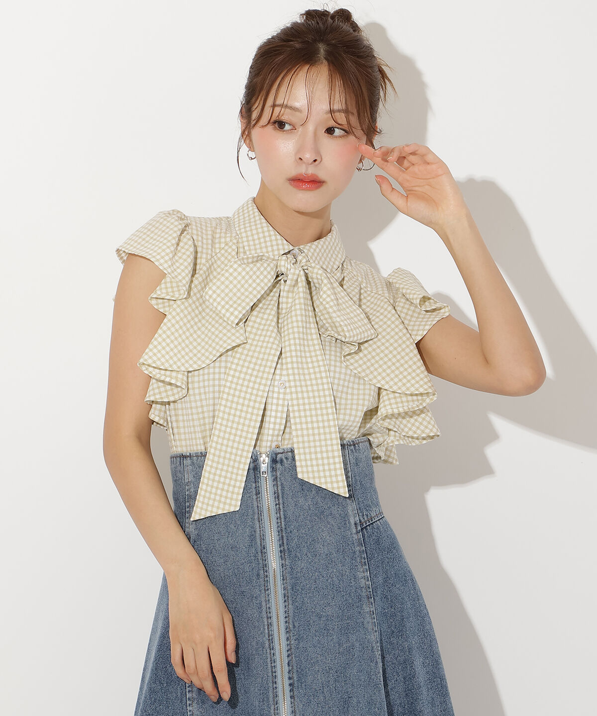 アンドクチュール「ギンガムサッカーフリルブラウス」|シャツ・ブラウス|ｸﾞﾘｰﾝ系ﾁｪｯｸ