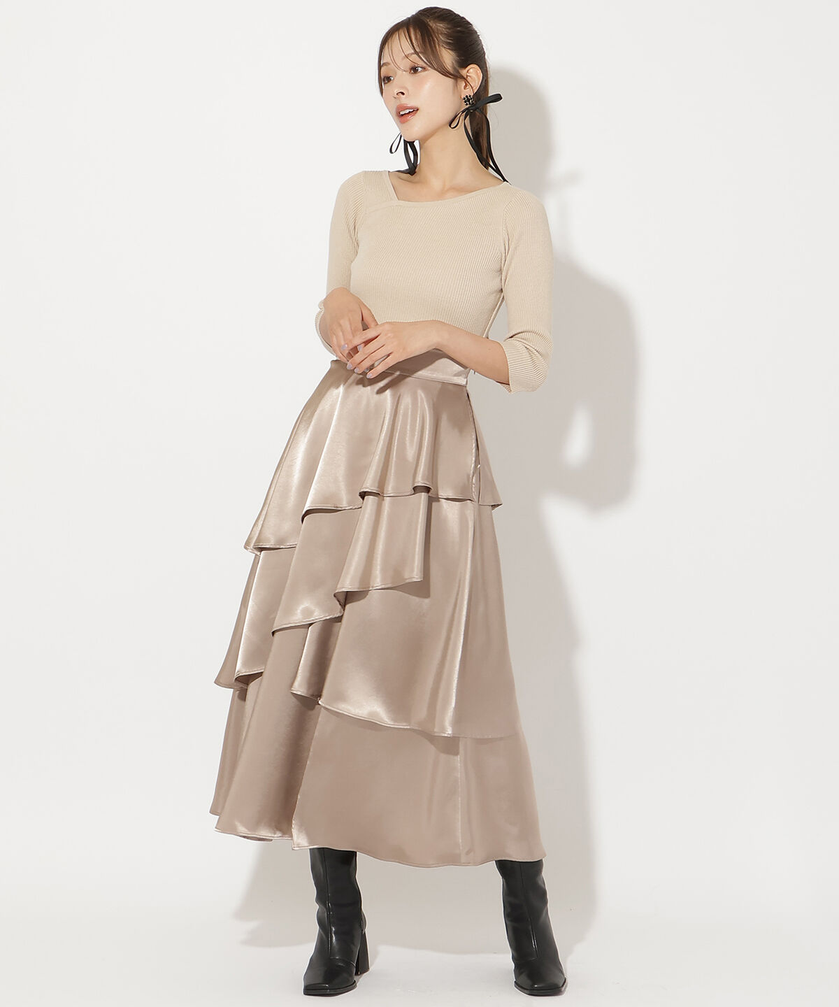 アンドクチュール「アシメVネック7分袖プルオーバー」|ニット・セーター|