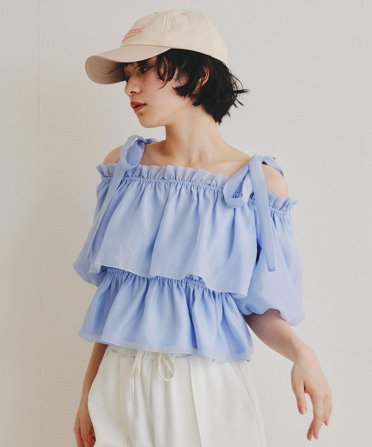 REDYAZEL「ショルダーリボンフリルオフショルブラウス」|シャツ・ブラウス|サックス