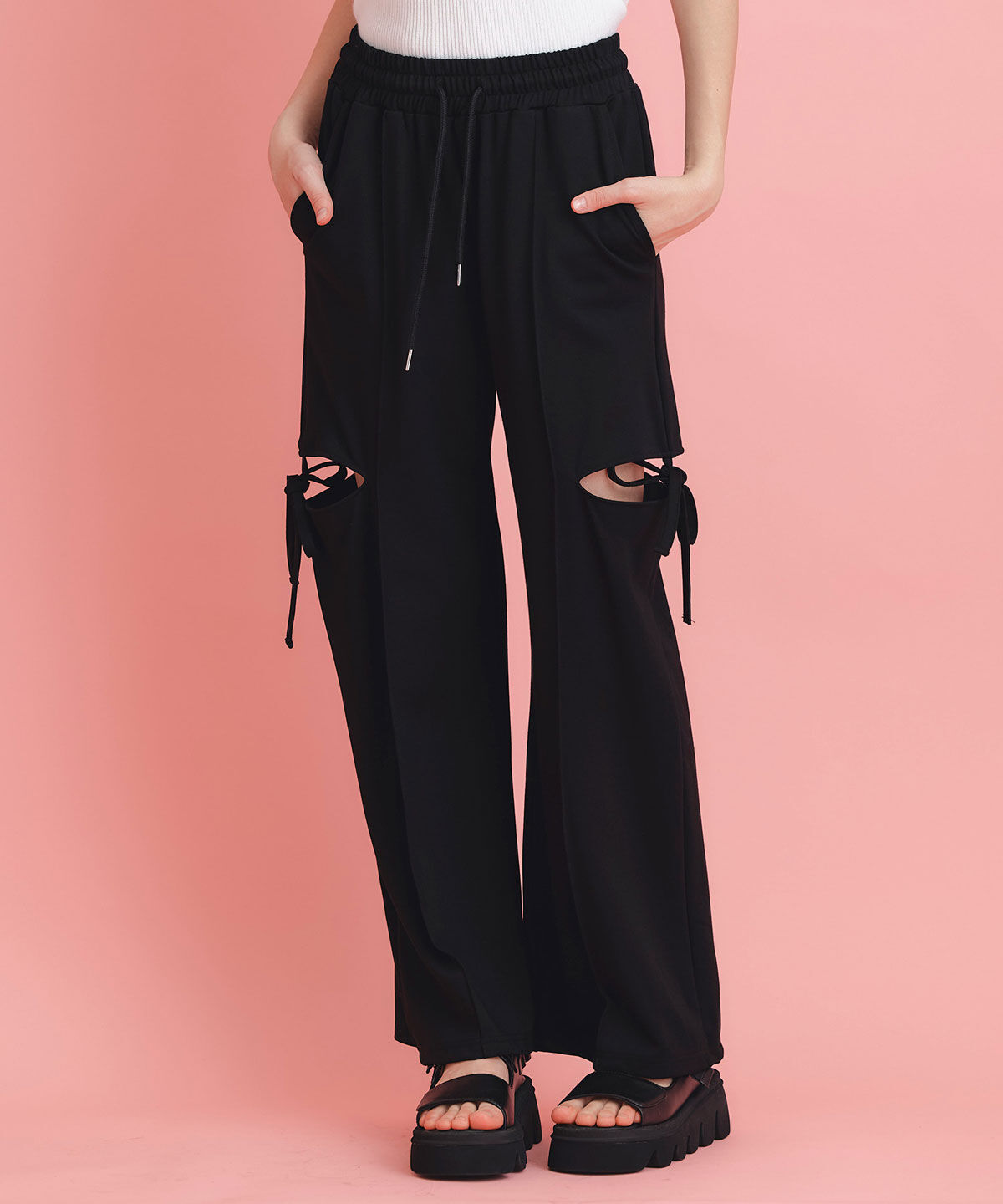 REDYAZEL「サイドカッティングリボンワイドパンツ」|その他|ネイビー