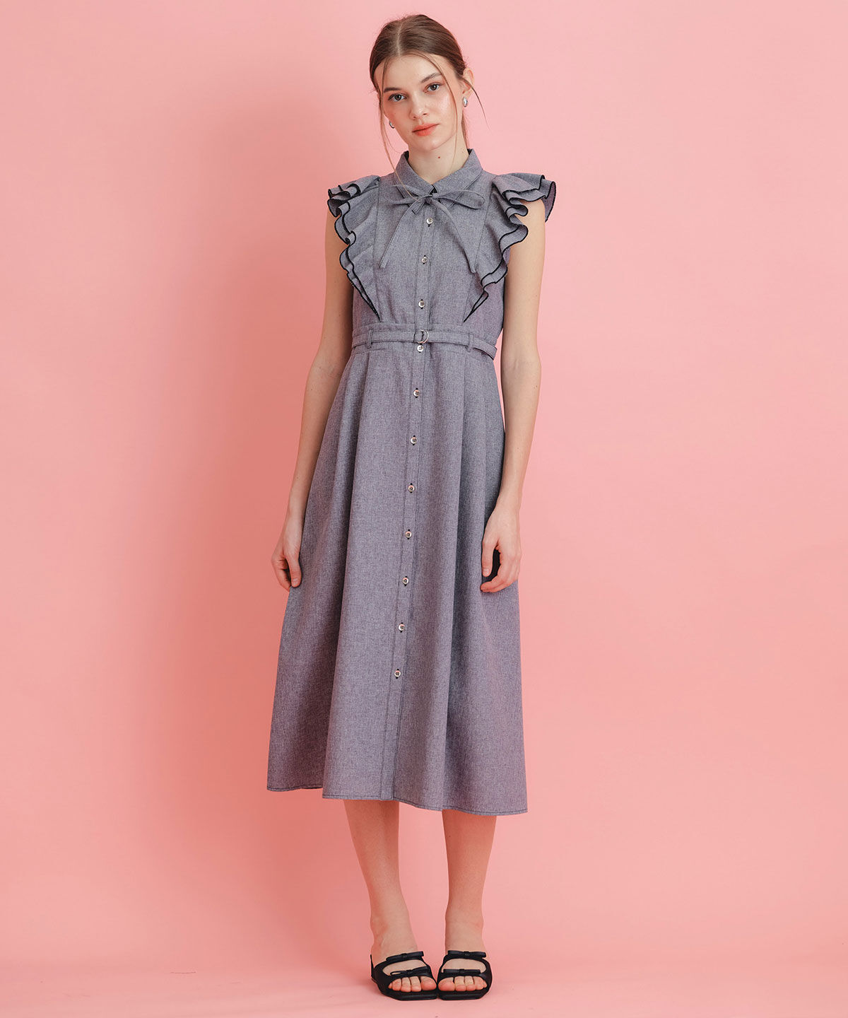 REDYAZEL「フリルシャツフレアロングワンピース」|ワンピース|グレー