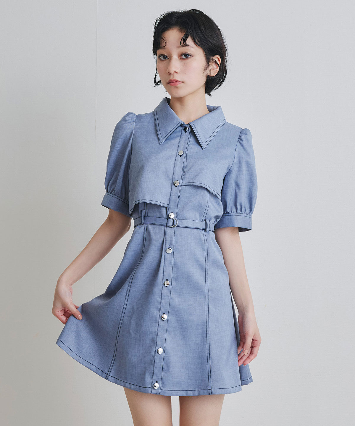 REDYAZEL「ステッチバイカラーレイヤードフレアミニワンピース」|ワンピース|ブルー