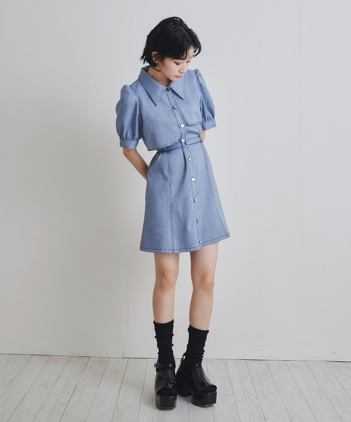 REDYAZEL「ステッチバイカラーレイヤードフレアミニワンピース」|ワンピース|