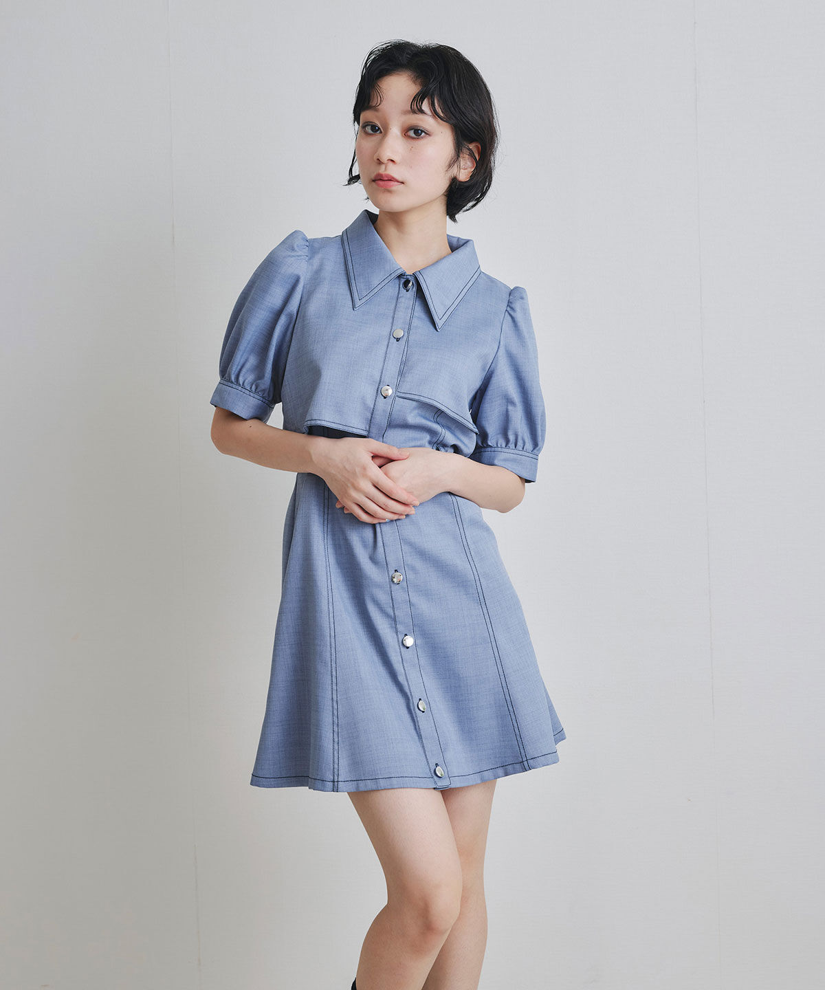 REDYAZEL「ステッチバイカラーレイヤードフレアミニワンピース」|ワンピース|