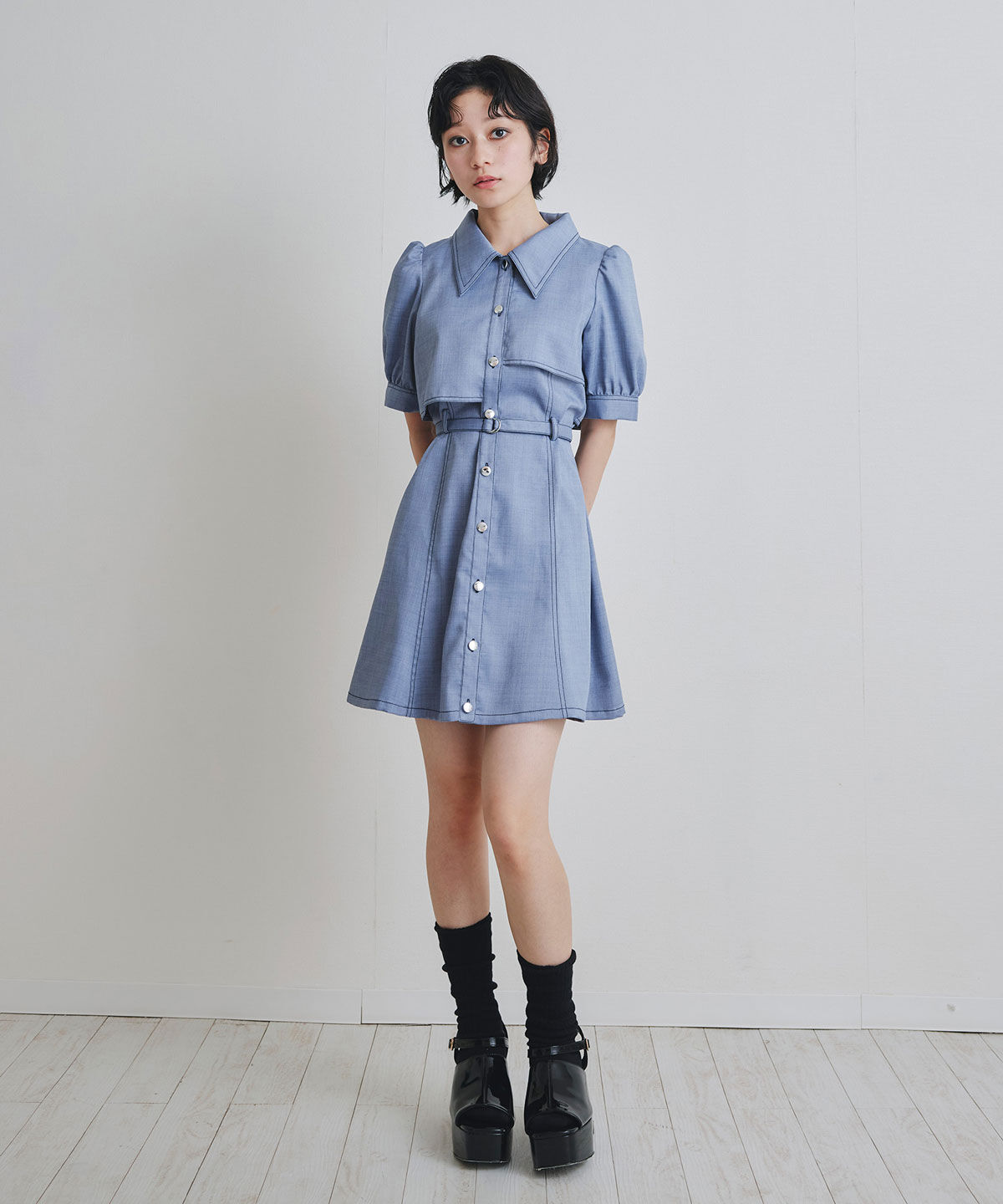 REDYAZEL「ステッチバイカラーレイヤードフレアミニワンピース」|ワンピース|