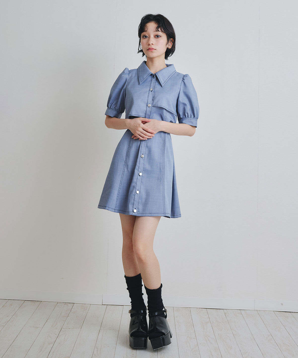 REDYAZEL「ステッチバイカラーレイヤードフレアミニワンピース」|ワンピース|