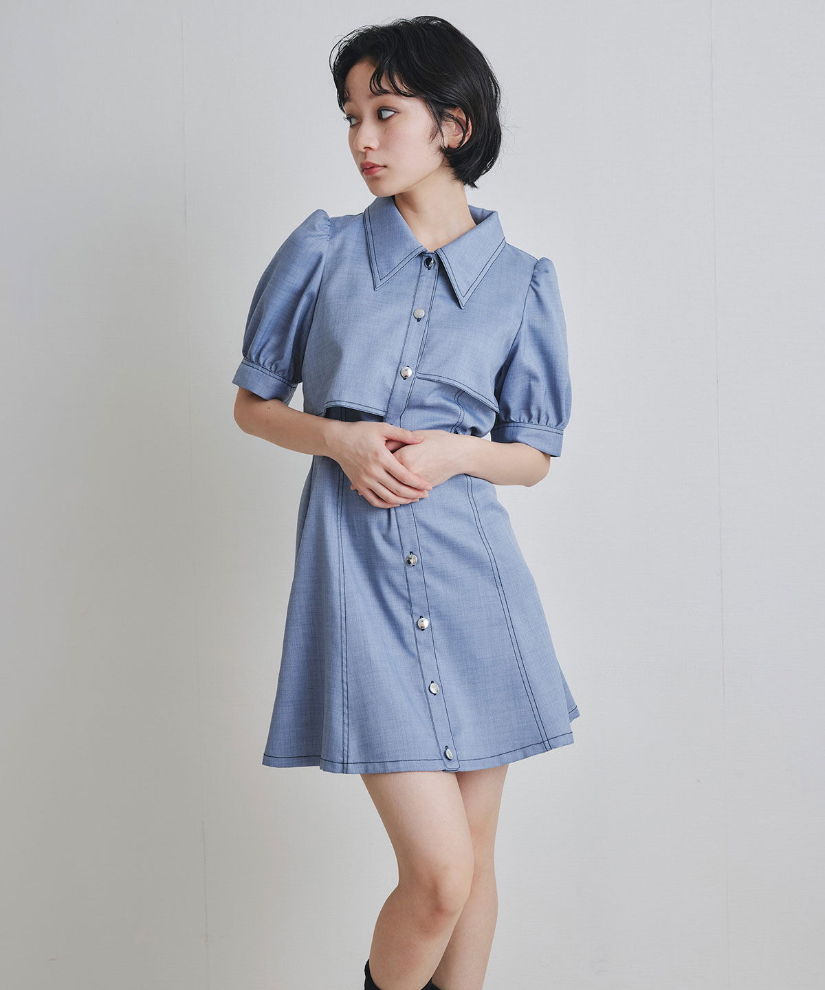 REDYAZEL「ステッチバイカラーレイヤードフレアミニワンピース」|ワンピース|