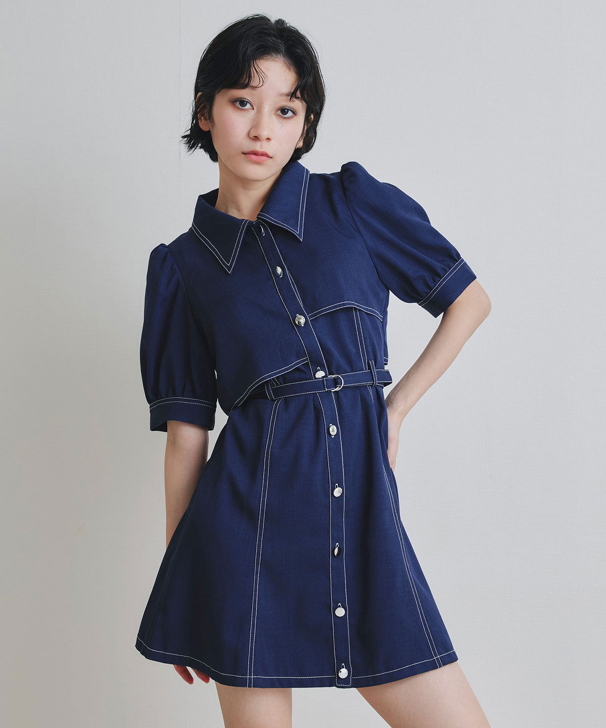 REDYAZEL「ステッチバイカラーレイヤードフレアミニワンピース」|ワンピース|ネイビー