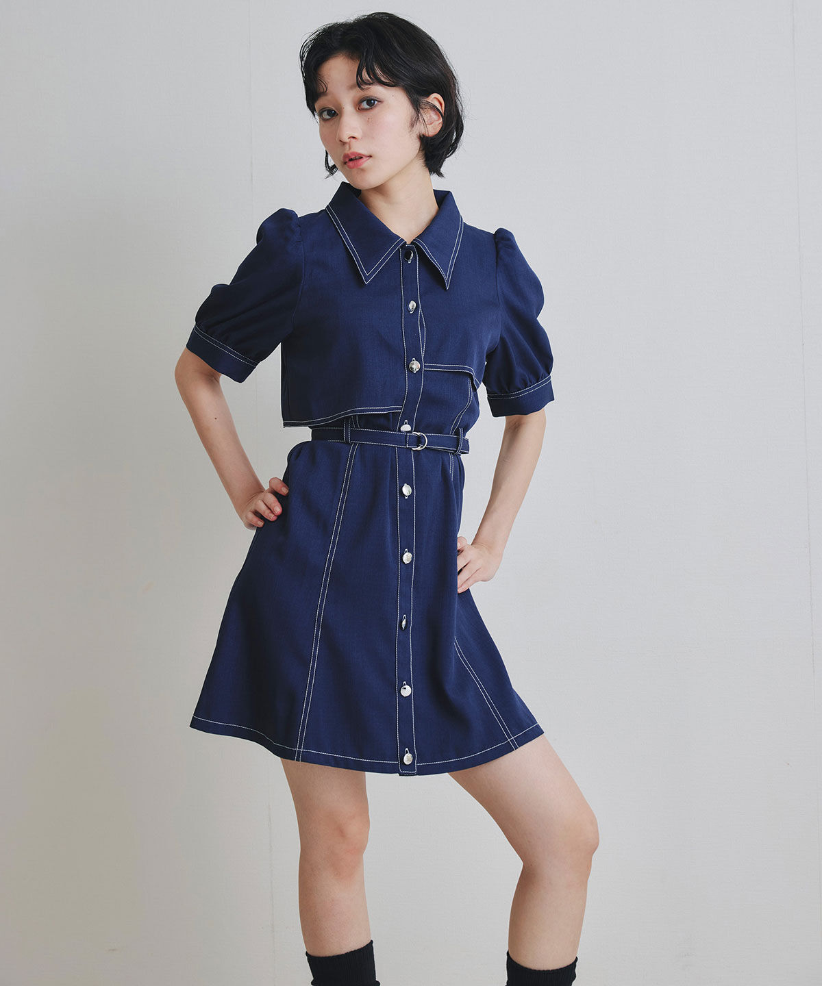 REDYAZEL「ステッチバイカラーレイヤードフレアミニワンピース」|ワンピース|