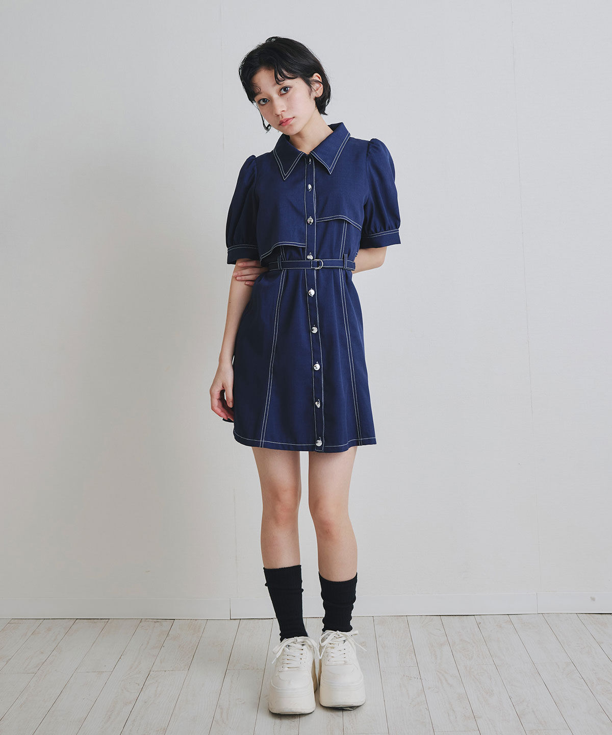 REDYAZEL「ステッチバイカラーレイヤードフレアミニワンピース」|ワンピース|