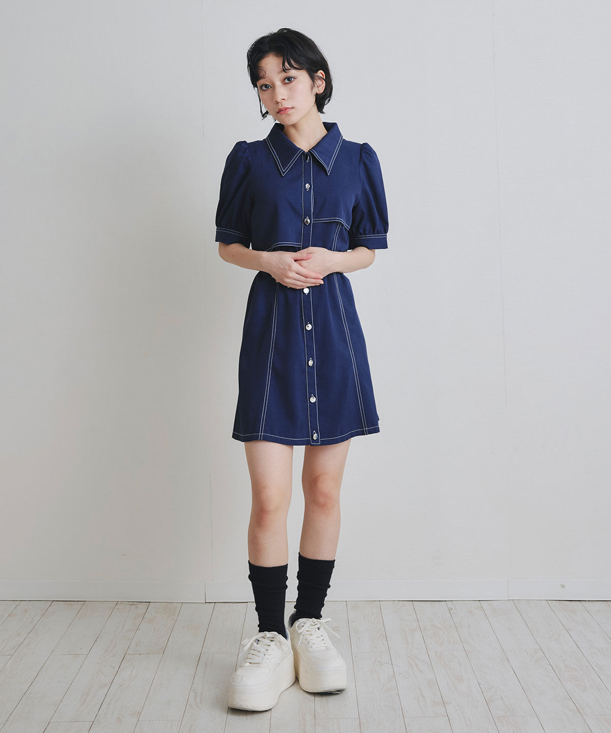 REDYAZEL「ステッチバイカラーレイヤードフレアミニワンピース」|ワンピース|