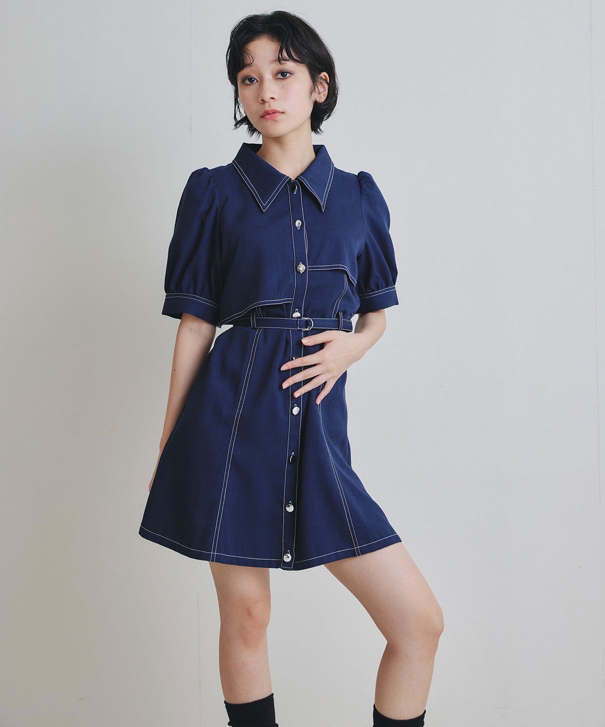 REDYAZEL「ステッチバイカラーレイヤードフレアミニワンピース」|ワンピース|