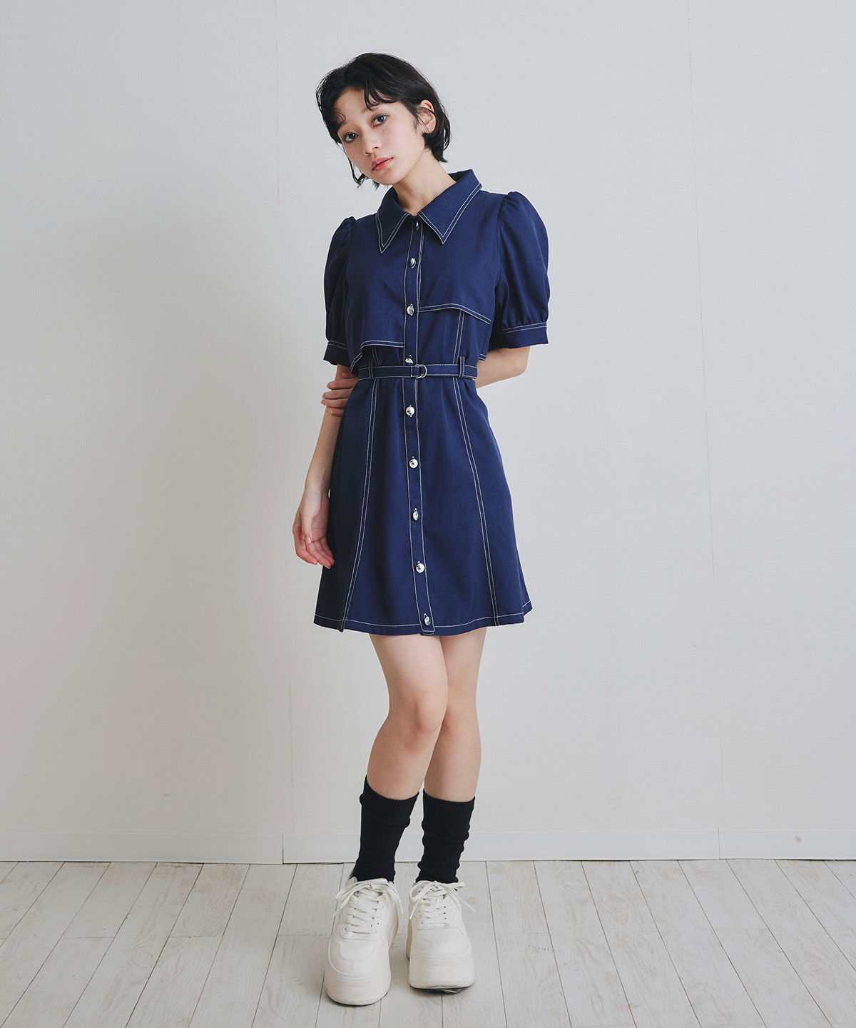 REDYAZEL「ステッチバイカラーレイヤードフレアミニワンピース」|ワンピース|