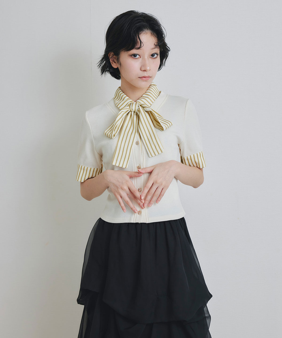 REDYAZEL「ストライプリボンタイレイヤードニットトップス」|ニット・セーター|