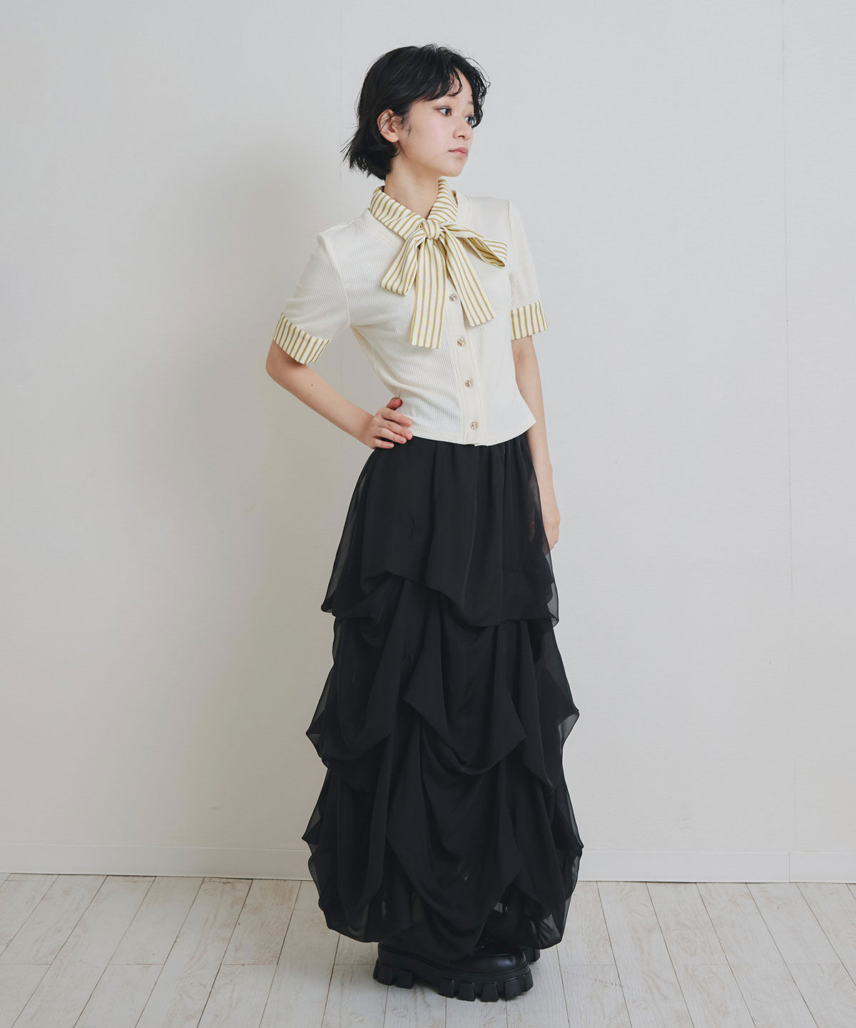 REDYAZEL「ストライプリボンタイレイヤードニットトップス」|ニット・セーター|