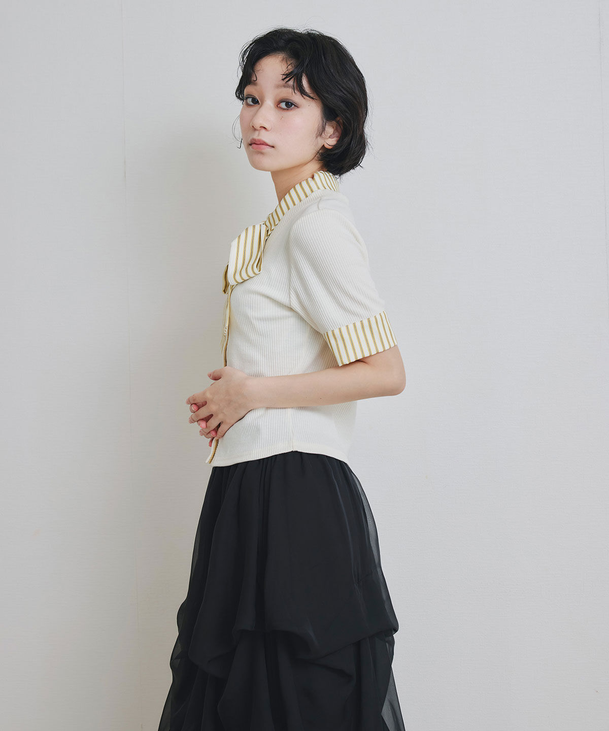 REDYAZEL「ストライプリボンタイレイヤードニットトップス」|ニット・セーター|