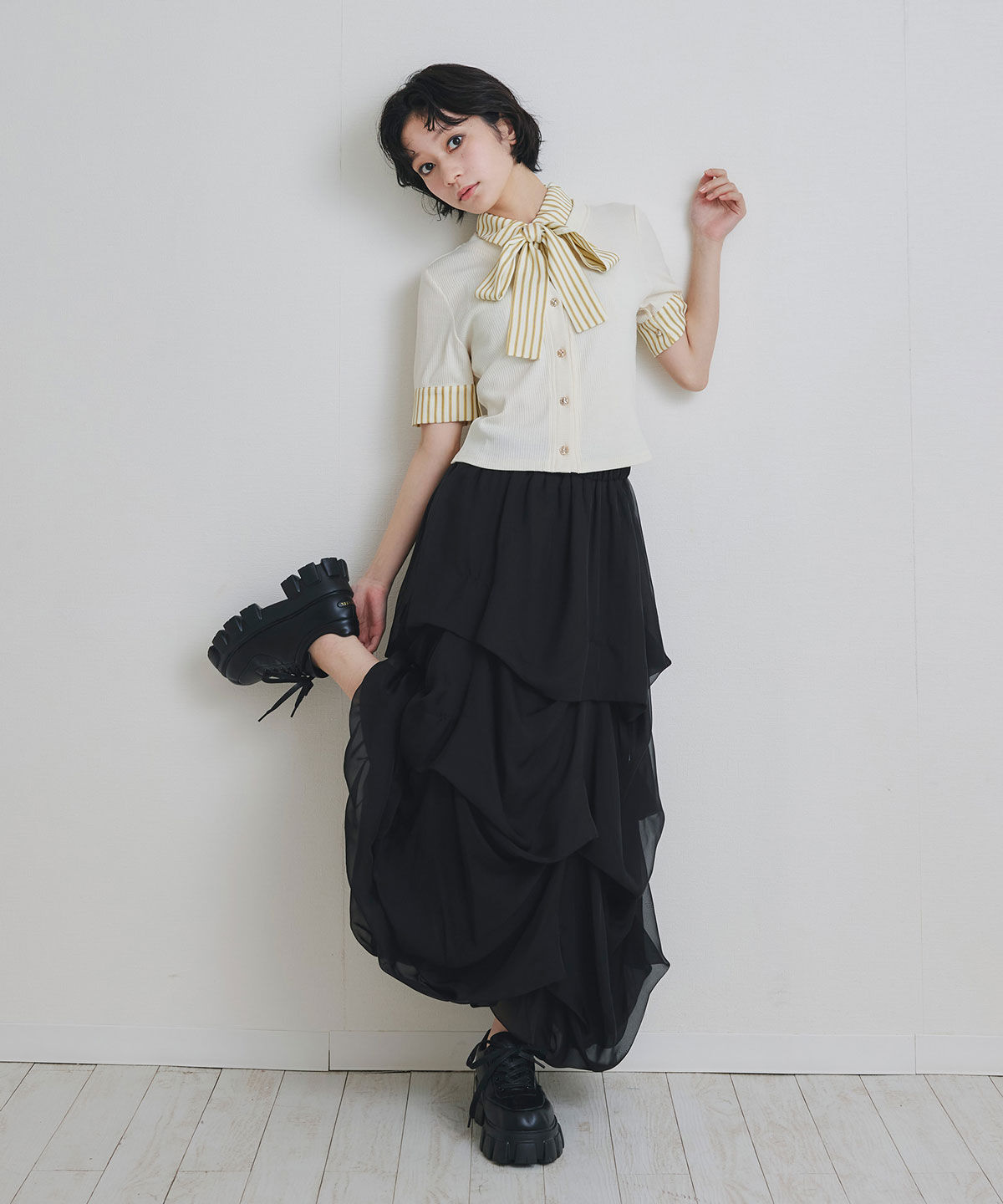 REDYAZEL「ストライプリボンタイレイヤードニットトップス」|ニット・セーター|