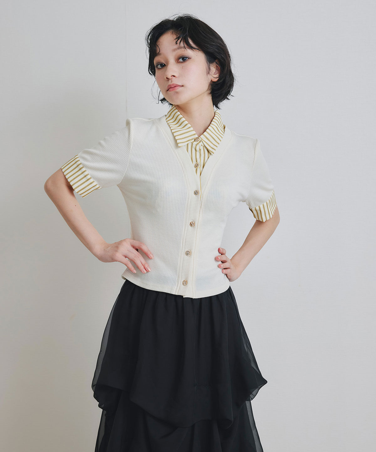 REDYAZEL「ストライプリボンタイレイヤードニットトップス」|ニット・セーター|