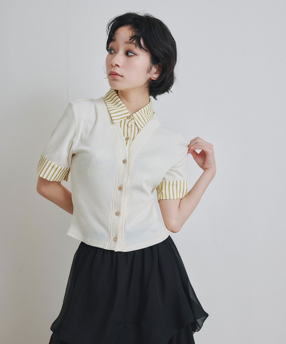 REDYAZEL「ストライプリボンタイレイヤードニットトップス」|ニット・セーター|