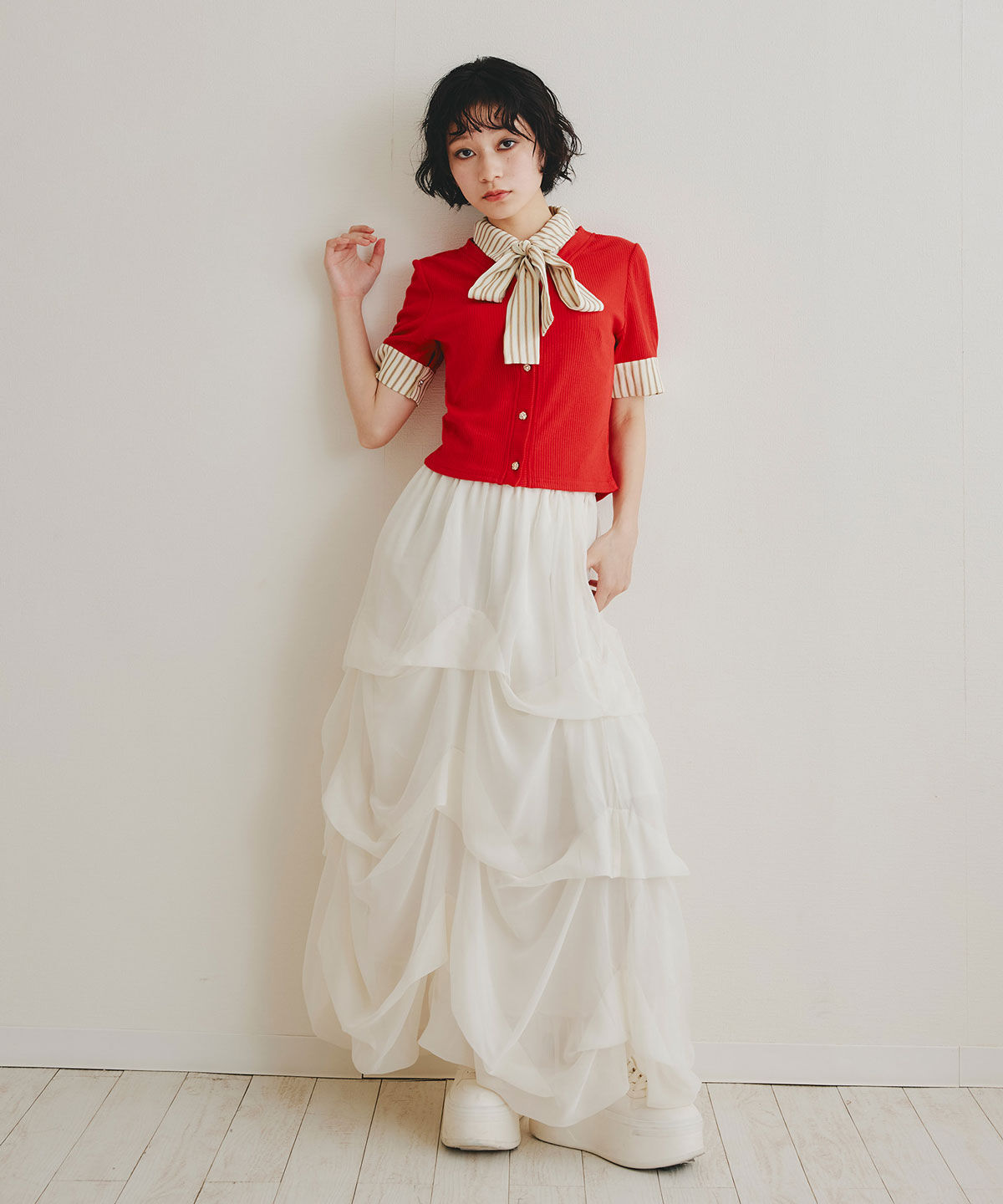 REDYAZEL「ストライプリボンタイレイヤードニットトップス」|ニット・セーター|