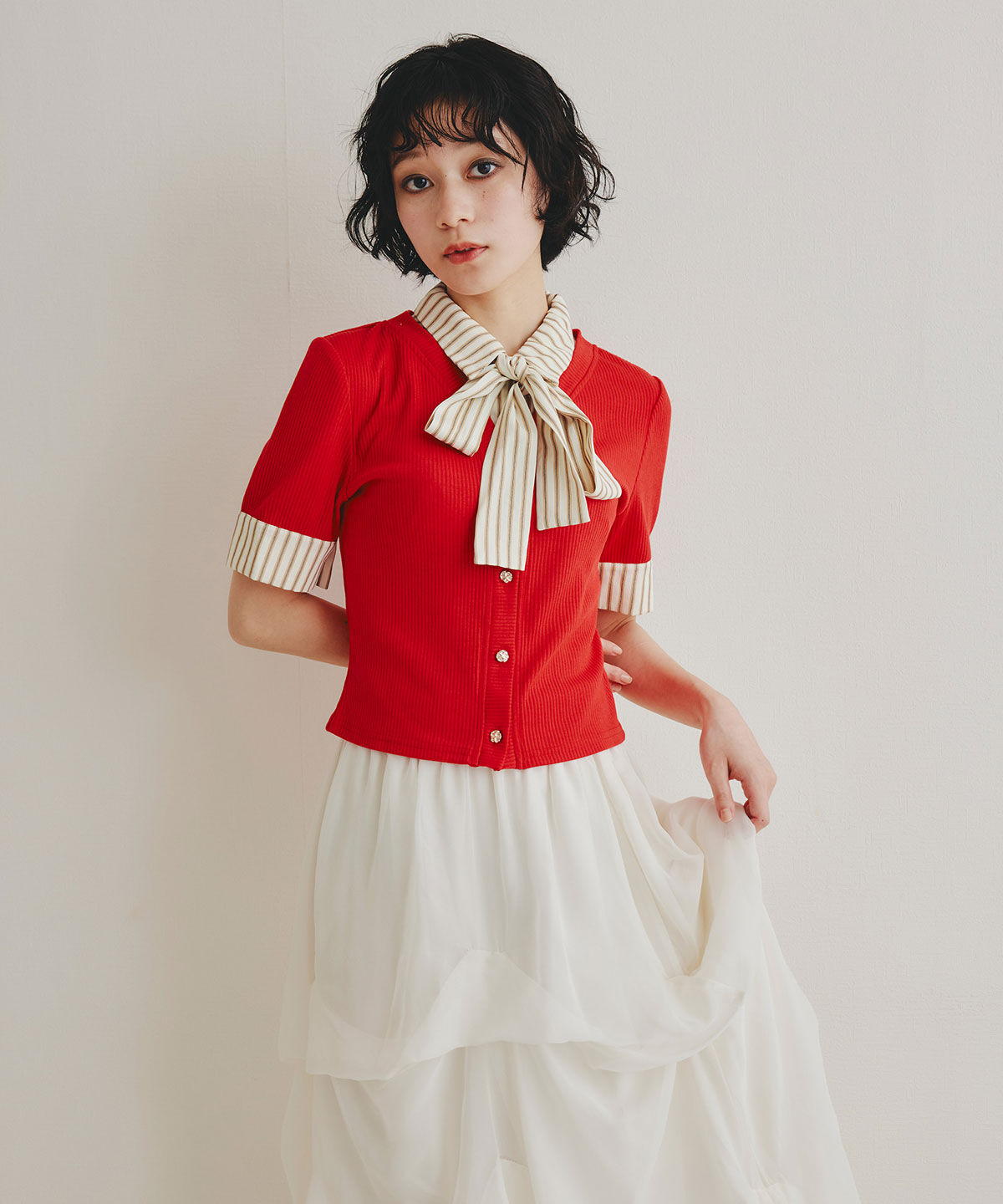 REDYAZEL「ストライプリボンタイレイヤードニットトップス」|ニット・セーター|