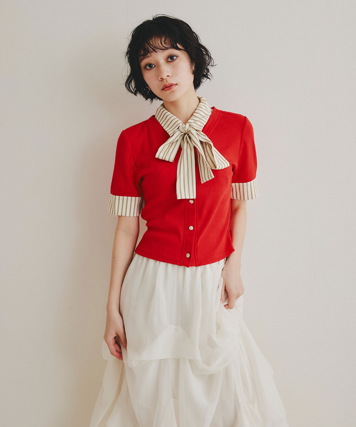 REDYAZEL「ストライプリボンタイレイヤードニットトップス」|ニット・セーター|