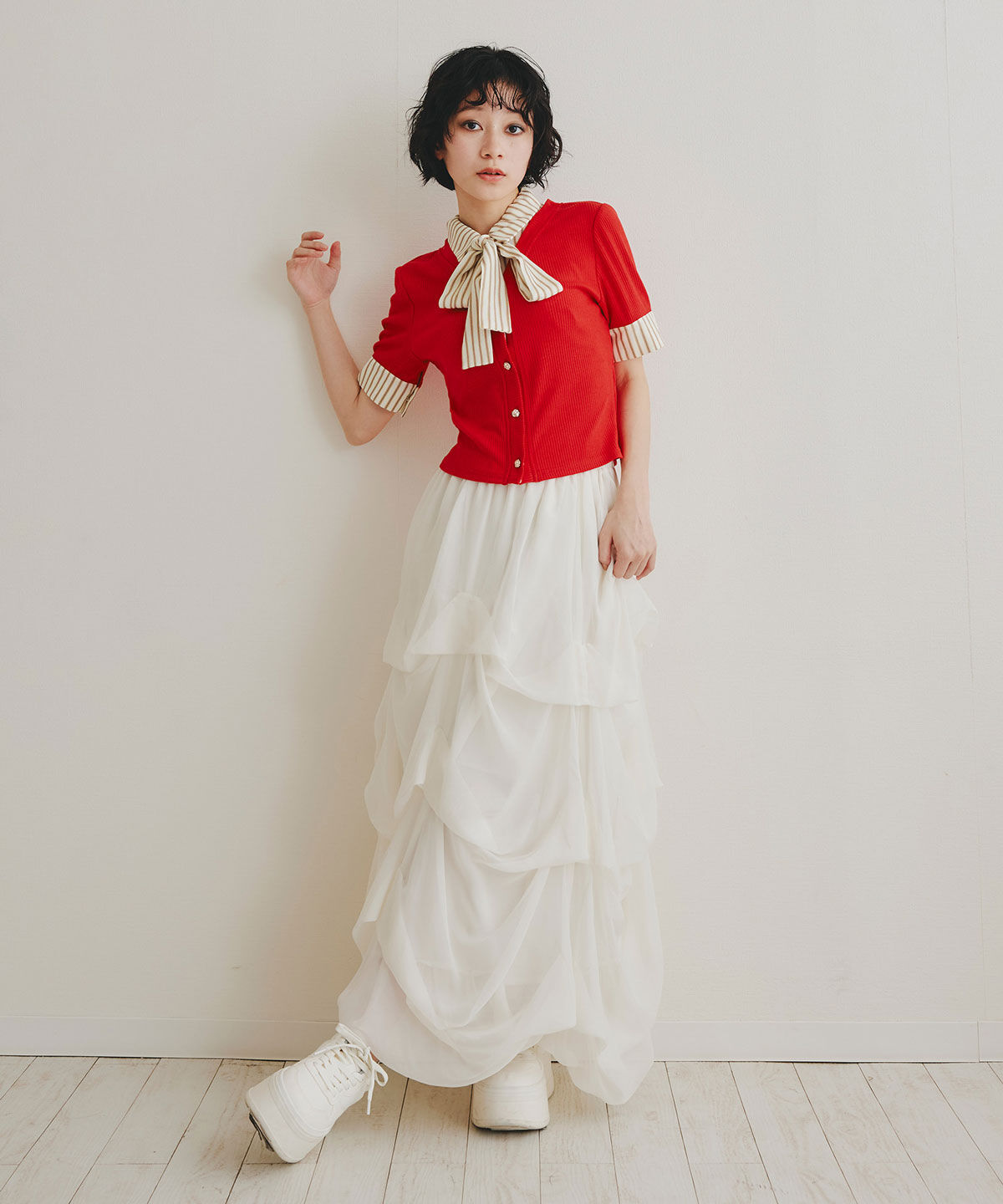 REDYAZEL「ストライプリボンタイレイヤードニットトップス」|ニット・セーター|