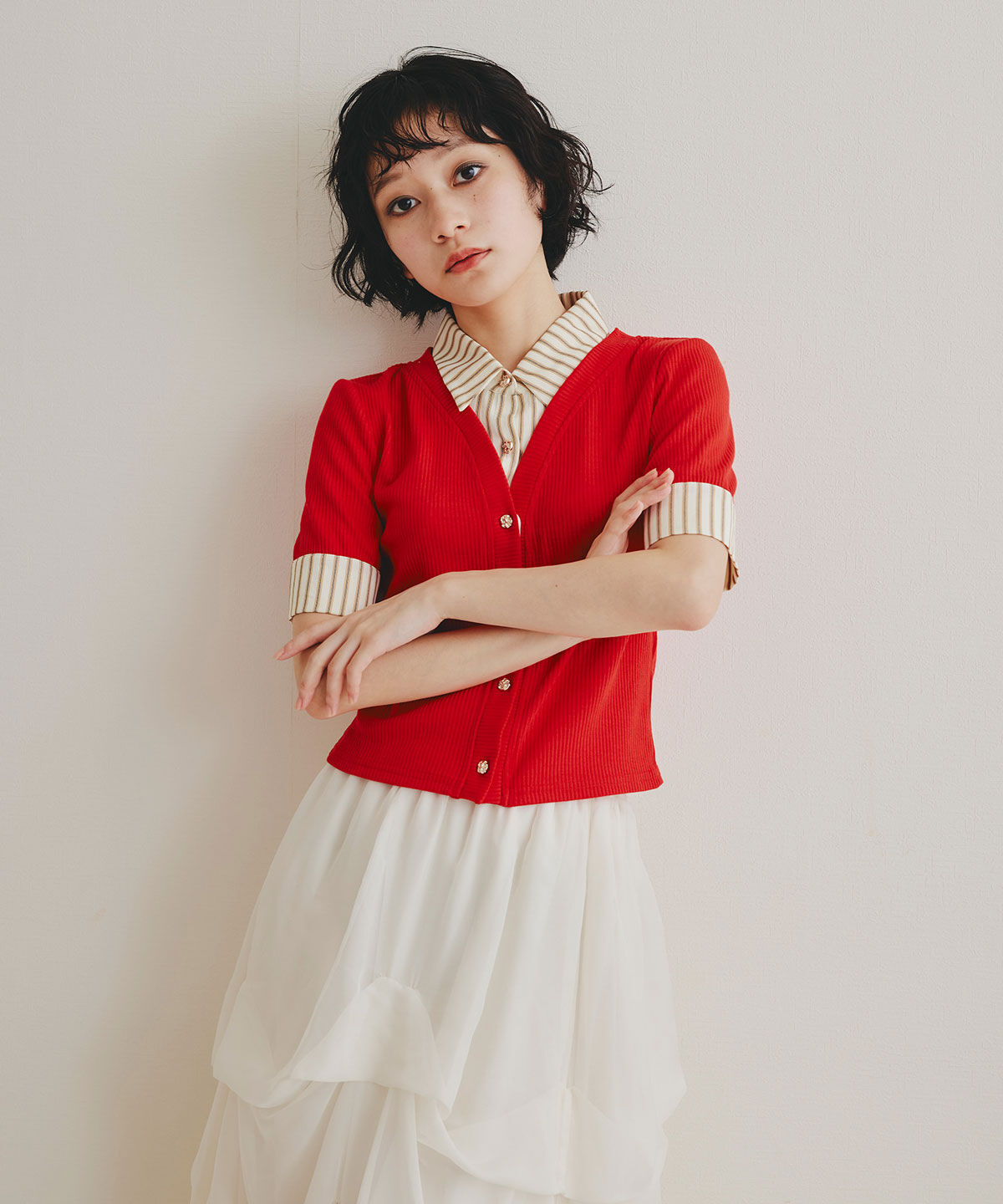 REDYAZEL「ストライプリボンタイレイヤードニットトップス」|ニット・セーター|