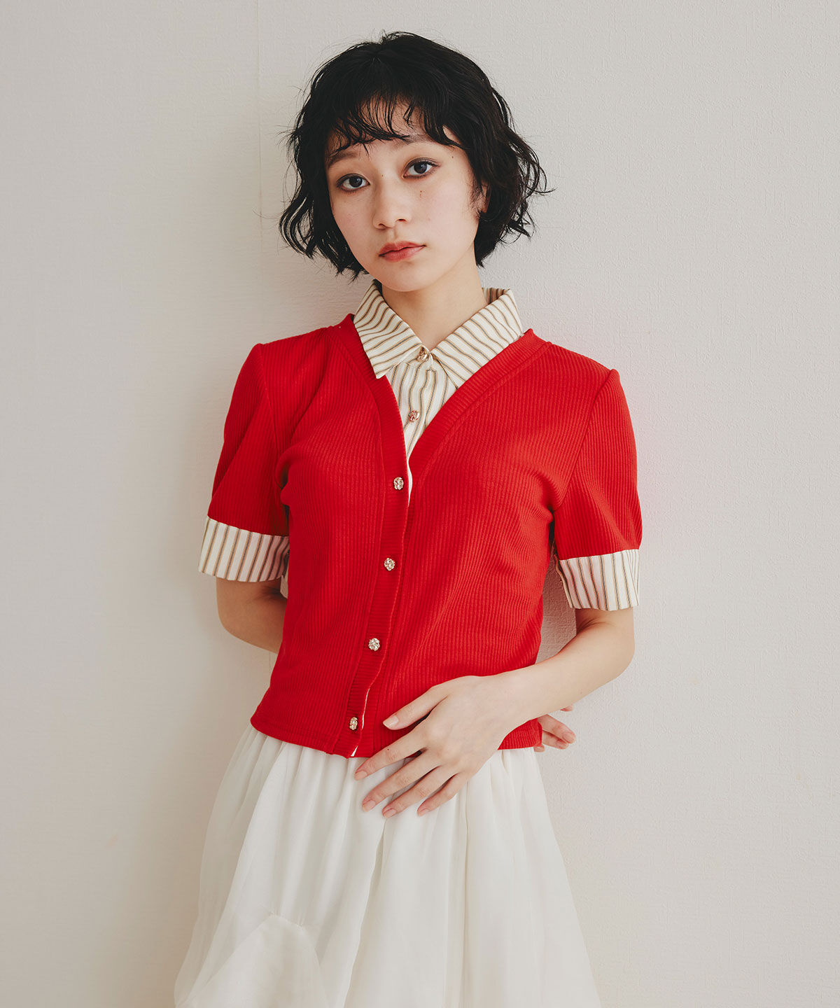 REDYAZEL「ストライプリボンタイレイヤードニットトップス」|ニット・セーター|