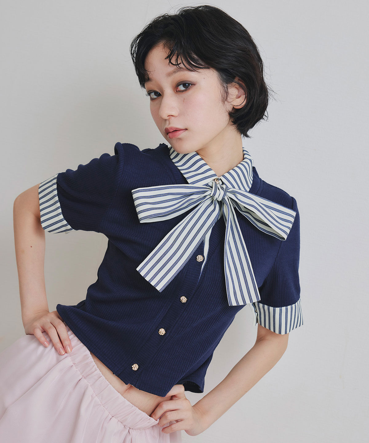 REDYAZEL「ストライプリボンタイレイヤードニットトップス」|ニット・セーター|ネイビー