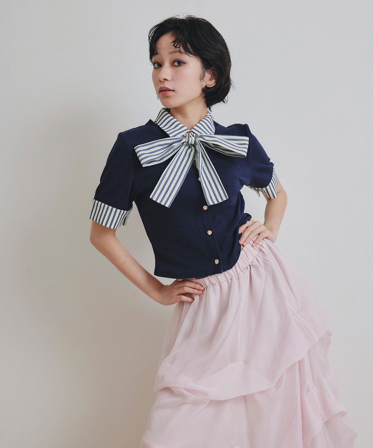 REDYAZEL「ストライプリボンタイレイヤードニットトップス」|ニット・セーター|