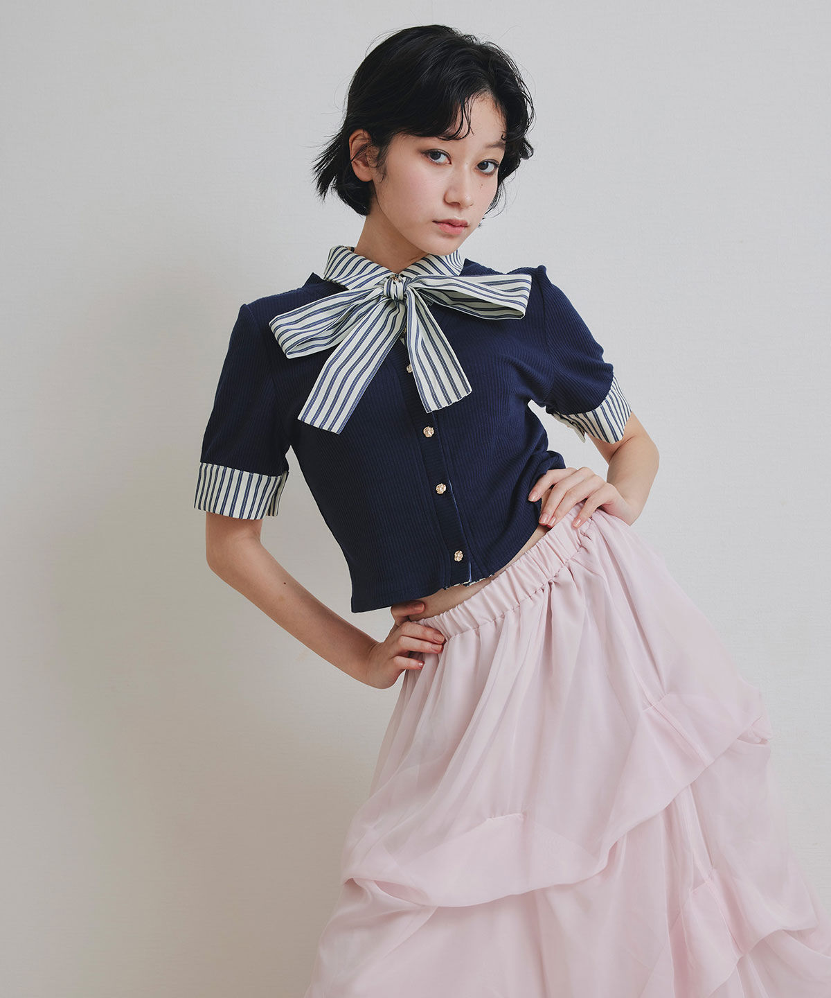 REDYAZEL「ストライプリボンタイレイヤードニットトップス」|ニット・セーター|