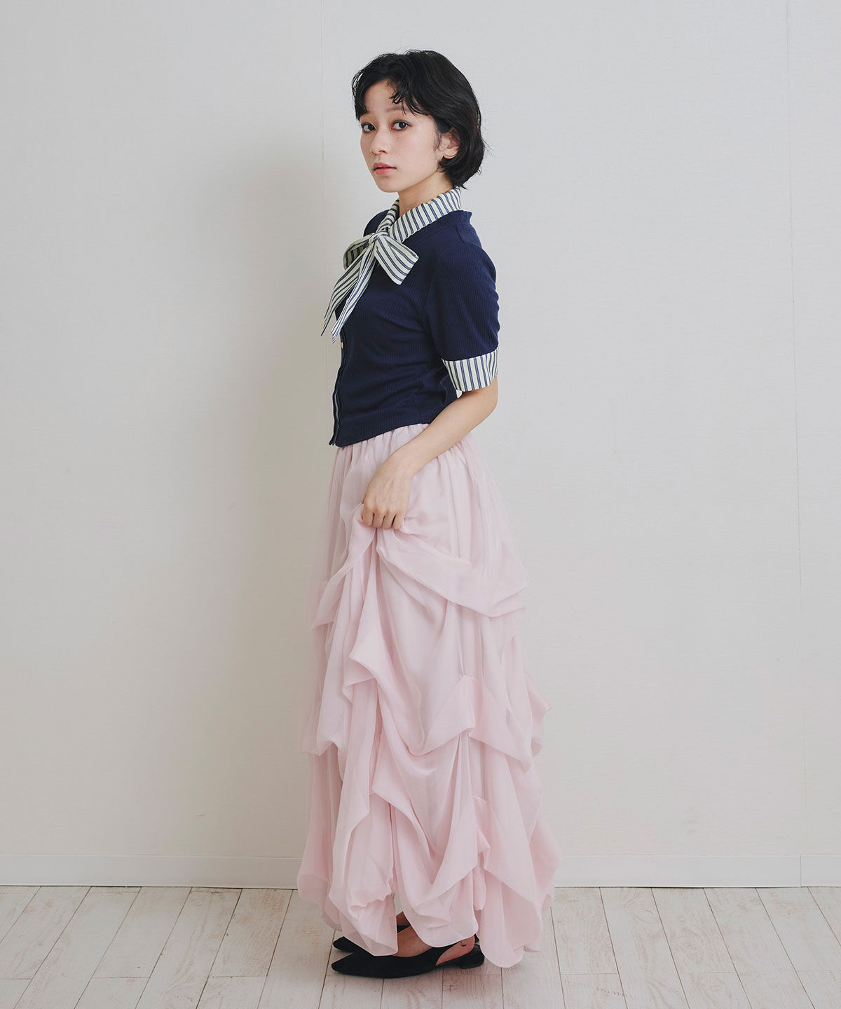 REDYAZEL「ストライプリボンタイレイヤードニットトップス」|ニット・セーター|