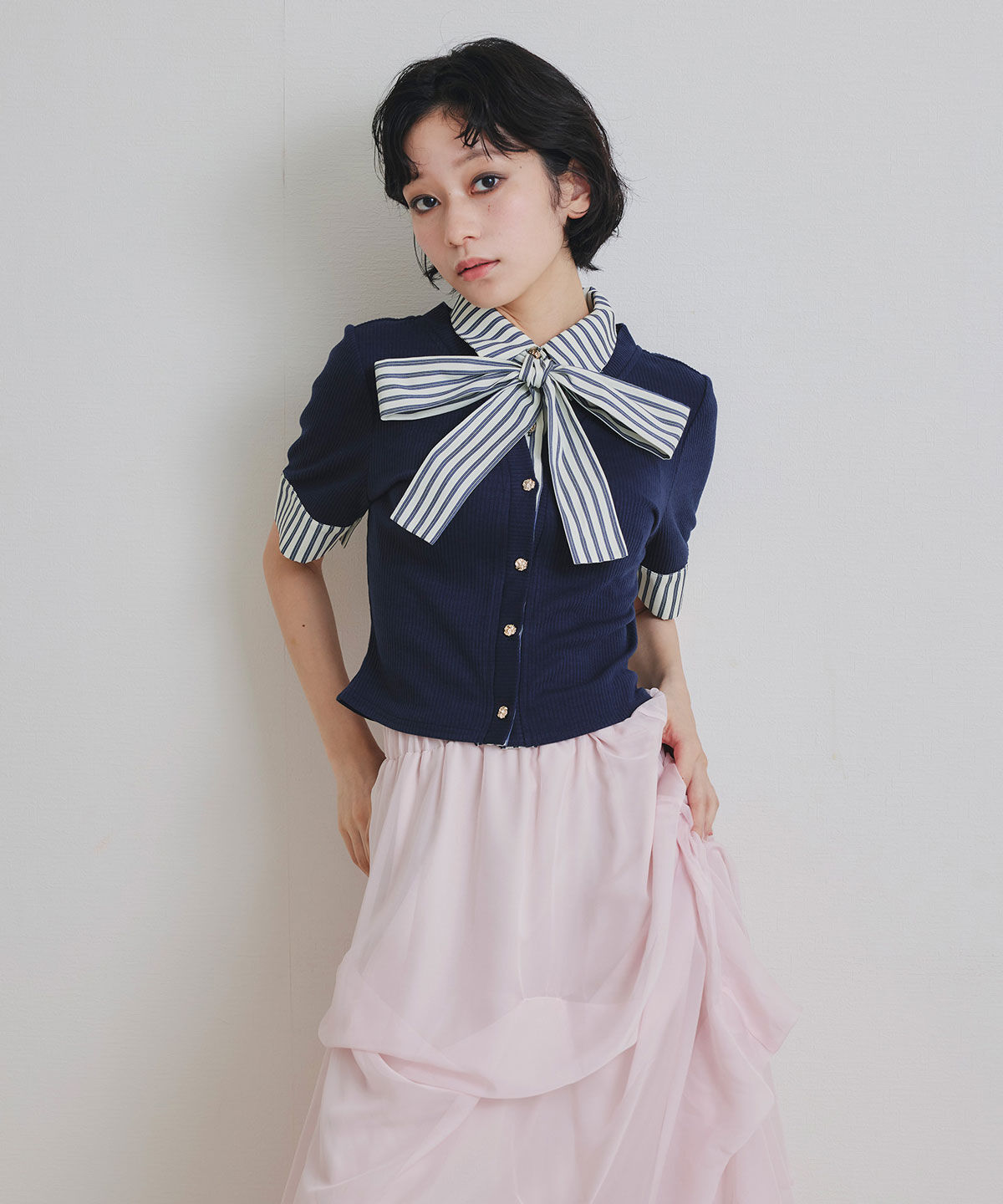 REDYAZEL「ストライプリボンタイレイヤードニットトップス」|ニット・セーター|