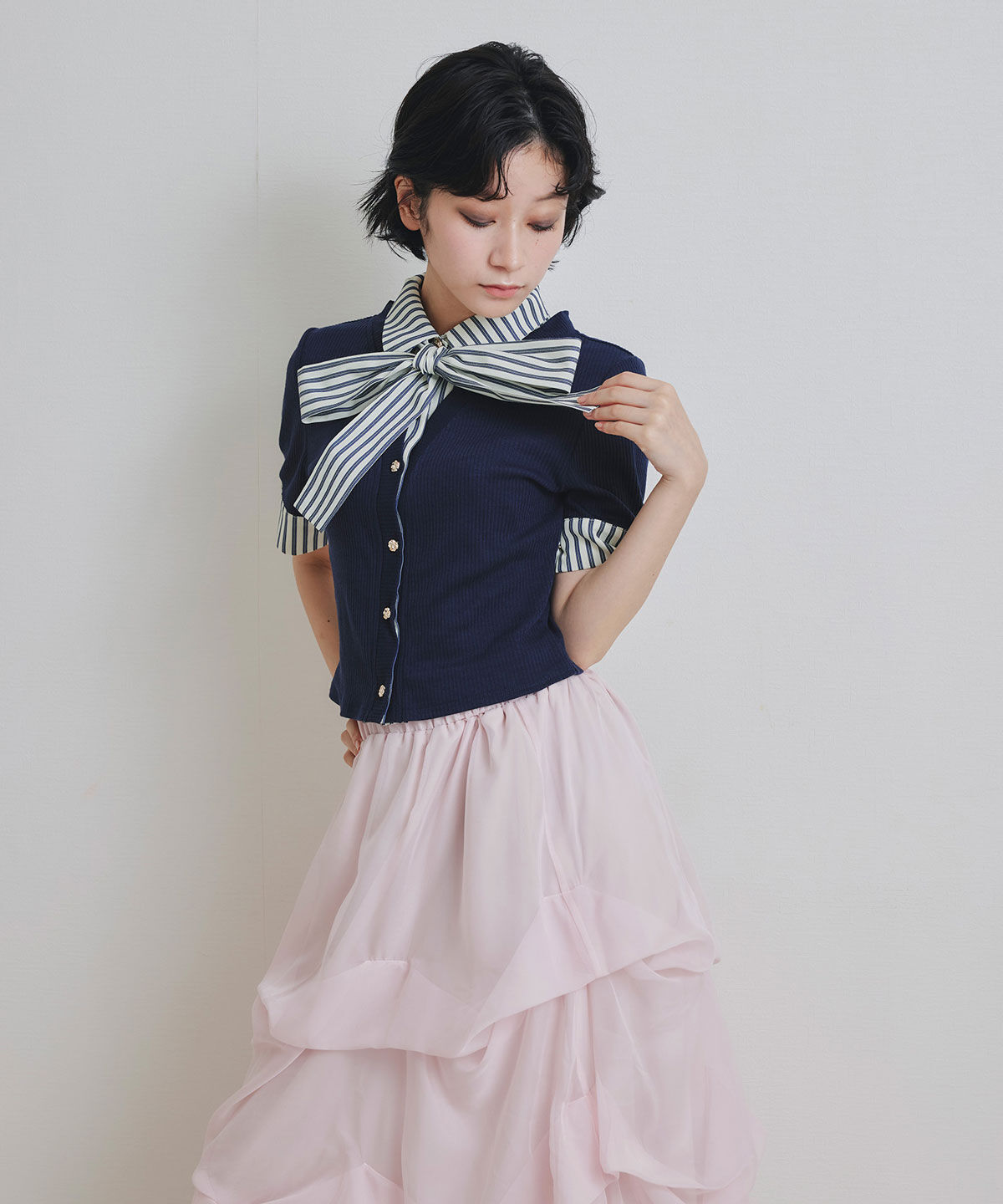 REDYAZEL「ストライプリボンタイレイヤードニットトップス」|ニット・セーター|