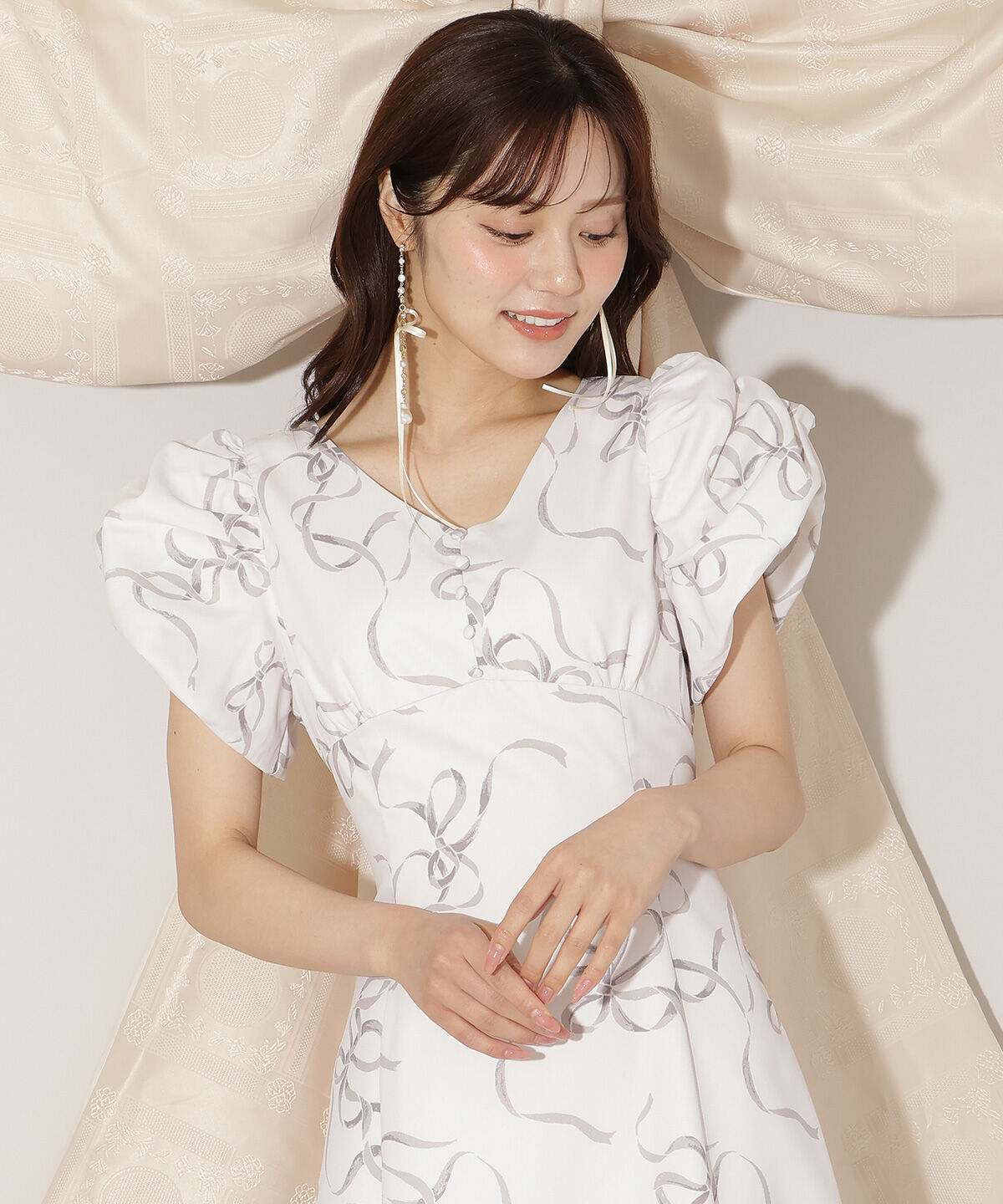 WILLSELECTION「リボンプリントバブルスリーブフレアワンピース」|ワンピース|