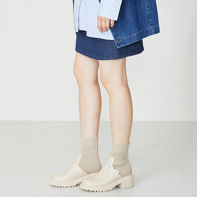 ORiental TRaffic「厚底 ビジュー ニットブーツ /31434 足首柔らかい 歩きやすい」|ショートブーツ|WHITE