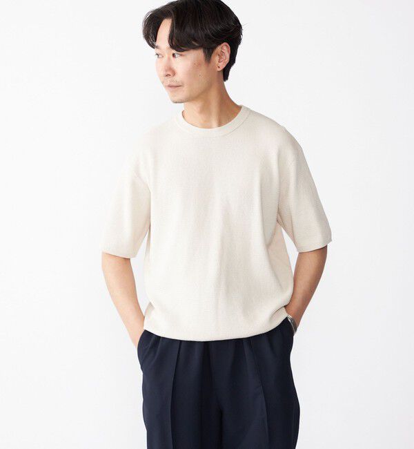 SHIPS「SHIPS:〈手洗い可能〉リネン バスケット ニット Tシャツ」|Tシャツ・カットソー|ナチュラル